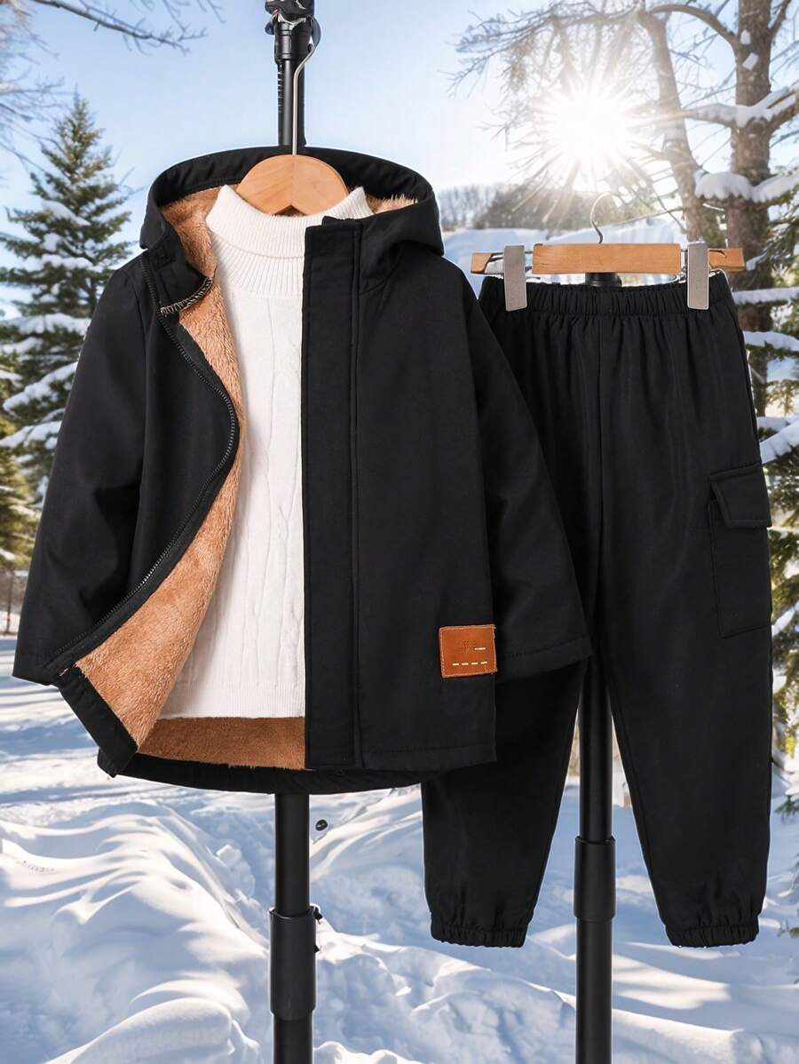 2 Pieces Young Boys Leisure College Comfortable Fashion Simple Practical All-Match Decoration Comfortable Thick Warm Long Coat And Trousers Cost-Effective Suit Kids Outfits