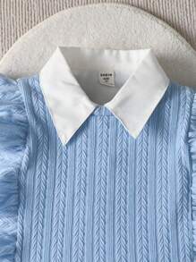 SHEIN Genkimix Kids 三件套少女套装：优雅休闲荷叶边背心和长袖衬衫上衣搭配喇叭牛仔裤，适合春秋季穿着，新品上市