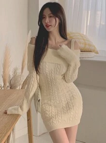 DAZY Women Fluffy Off Shoulder Strap Long Sleeve Bodycon Sweater Dress, Warm And Cozy