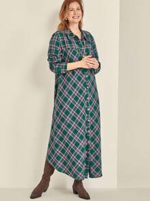 SHEIN Clasi Rochie de Crăciun cu mâneci lungi, cu nasturi în față, cu imprimeu în carouri, pentru femei de mărime mare - Multicolor - Vizualizare 3