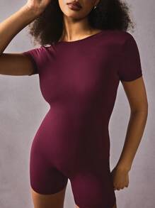 Athîral 1set Solid Burgundy Unitard Color Short Sleeve Fitted Sports Romper - Burgundy - View 5