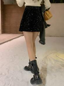 Livesso Chân váy ngắn đính sequin lấp lánh, màu trơn, sang trọng cho các bữa tiệc Giáng sinh, trang phục mùa thu đông, váy nữ, trang phục năm mới, lễ hội. - màu đen - Xem 6