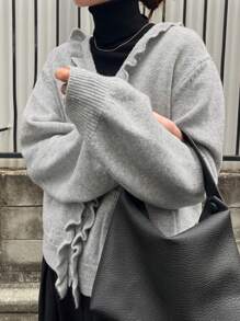 FRIFUL Cárdigan holgado con borde con volantes para mujer - Gris - Ver 8