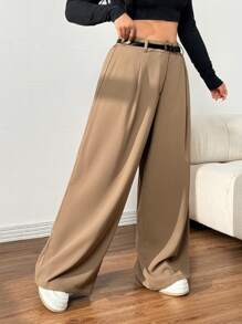 SHEIN EZwear Pantaloni larghi casual con lacci, di colore cachi, taglie comode, adatti per autunno/inverno - Cachi - Visualizzare 4