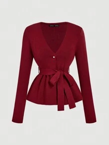 SHEIN MOD 1pc V-Neck Tie Waist Flared Long Sleeve Bow Decor Knitted Red Cardigan, Festival Sweater,Burgundy Sweater, New Year Sweater,New Year Clothes,New Year Eve Dress,Princess Women Costume,Rosso Ancora Cardigan