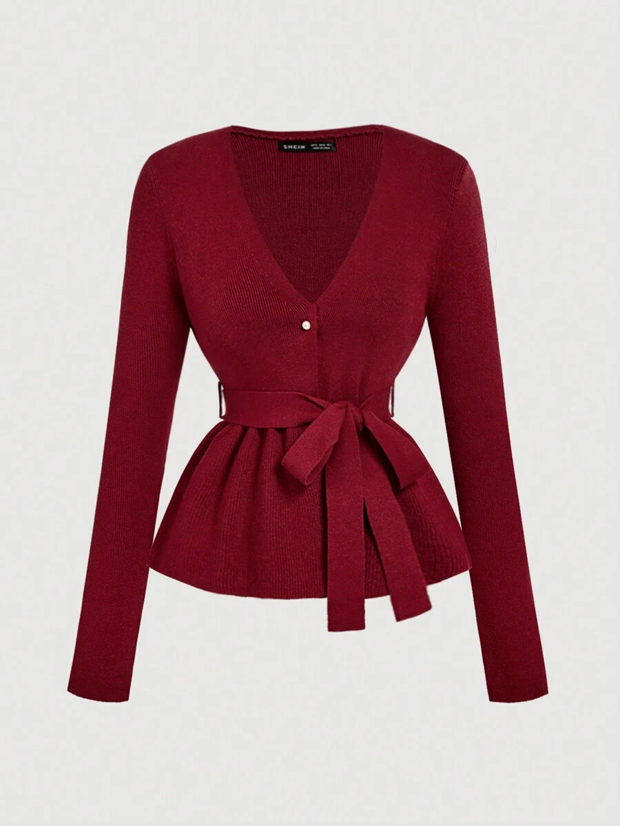 SHEIN MOD 1pc V-Neck Tie Waist Flared Long Sleeve Bow Decor Knitted Red Cardigan, Festival Sweater,Burgundy Sweater, New Year Sweater,New Year Clothes,New Year Eve Dress,Princess Women Costume,Rosso Ancora Cardigan