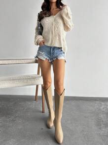 SHEIN Privé 女士优雅休闲花卉提花纽扣宽松开衫，适合居家、通勤、秋冬季 - 杏色 - 查看 8