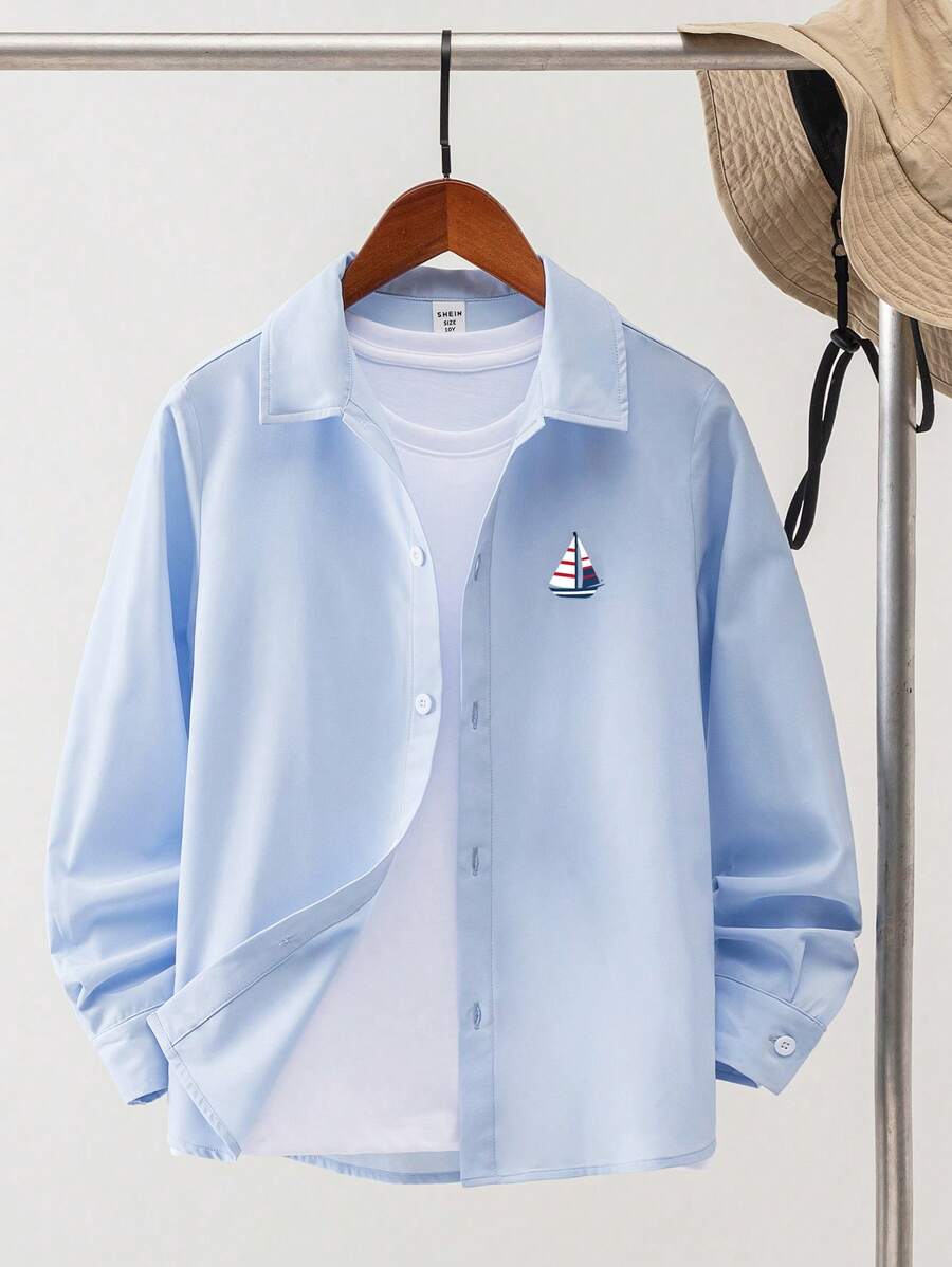 SHEIN 青少年男孩休闲天蓝色 Polo 领船印花衬衫，适合春秋冬季，适合学校、学院风格、商务、派对、日常简约百搭 - 藍色 - 查看 1