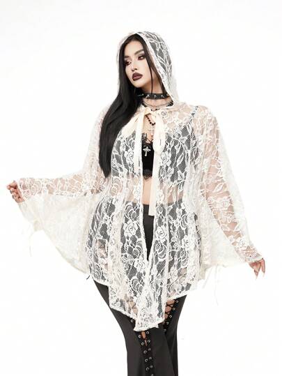 Flirla Plus Size Halloween Cosplay Dark Punk Lace Up Hooded Cape Jacket Fall Cloth For Women