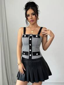 Chiquease Fashionable Fitted Crop Color Block Camisole Top, To Be Worn Outerwear Graphic Tees Women Tops - Black - View 6