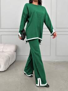 RueChic 2pcs Women Autumn/Winter Crew Neck Drop Shoulder Long Sleeve Sweater & Knit Pants Casual Set