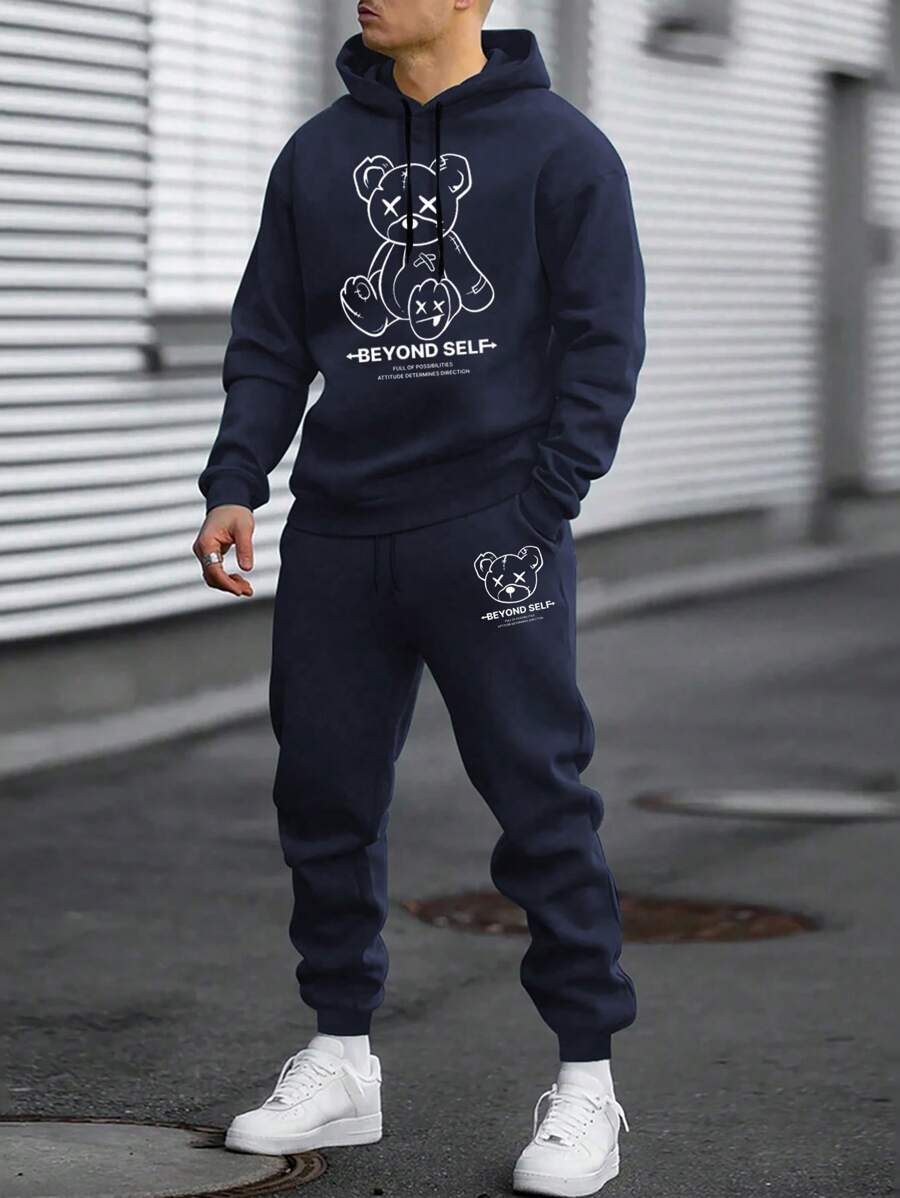 SHEIN Cottnline Men Letter And Bear Printed Regular Hoodie & Pants Set - Navy Blue - View 1