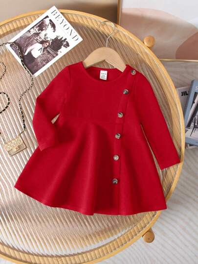 SHEIN Babygirl Cute Minimalist Navy Button Decor Long Sleeve Dress, Autumn/Winter