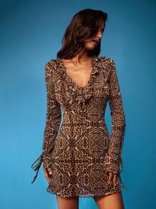 Opulessa 荷叶边领长袖系腰女式迷你连衣裙，长袖连衣裙，豹纹 - 棕色 - 查看 1