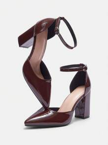 CUCCOO BIZCHIC 女士时尚咖啡棕色粗跟镂空踝带尖头高跟鞋，适合通勤、聚会和约会 - 咖啡棕 - 查看 6