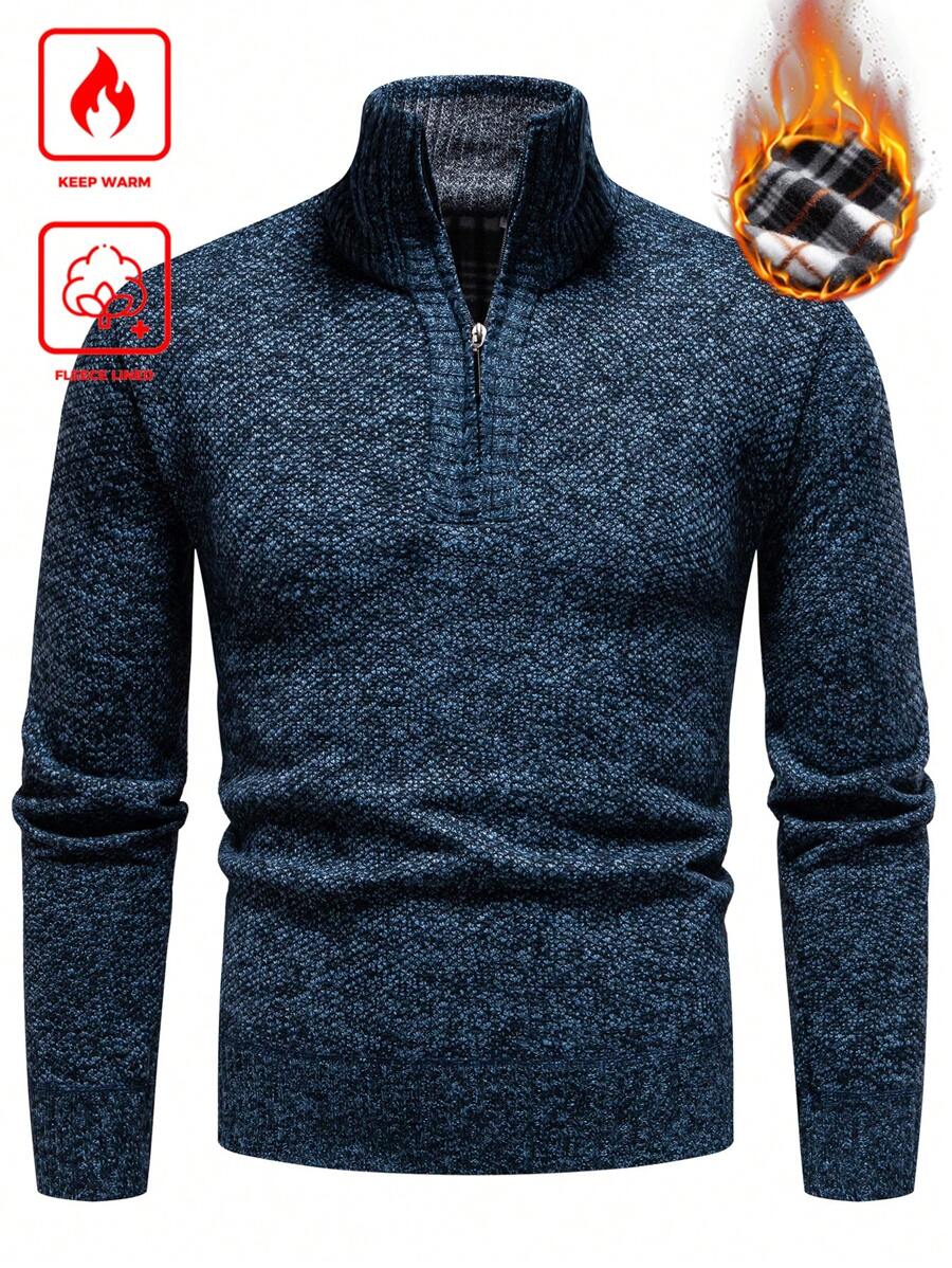 Manfinity Homme Men Marled Knit Quarter Zipper Thermal Jumper - Blue - View 1
