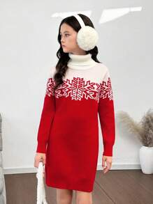 Autumn/Winter Red Christmas Casual Turtleneck Long Sleeve Bodycon Sweater Dress - Red - View 3