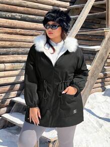 SHEIN EZwear 大码女式保暖夹棉大衣，黑色，适合寒冷天气，适合冬季 - 黑與白 - 查看 6