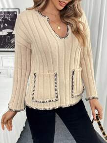 Chiquease Kontrast-Farbener Pullover mit stilvollem Design, lässiger, entspannter Strickpullover für Herbst und Winter - Aprikosenfarben - Übersicht 6