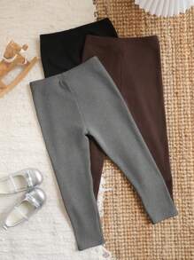 SHEIN LMoss Kids LMoss Buy 1 Get 2 Young Girl Solid Color Letter Pattern Fitted Casual Leggings - Brown - View 2