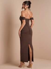 SHEIN BAE Solid Color Khaki Brown Ruched Wrap Dress With Sleeves, Suitable For Layering In Autumn/Winter, Cocktail Party, Romantic Date, Formal Gathering, Wedding Bridesmaid, Evening Out, Halloween, Christmas