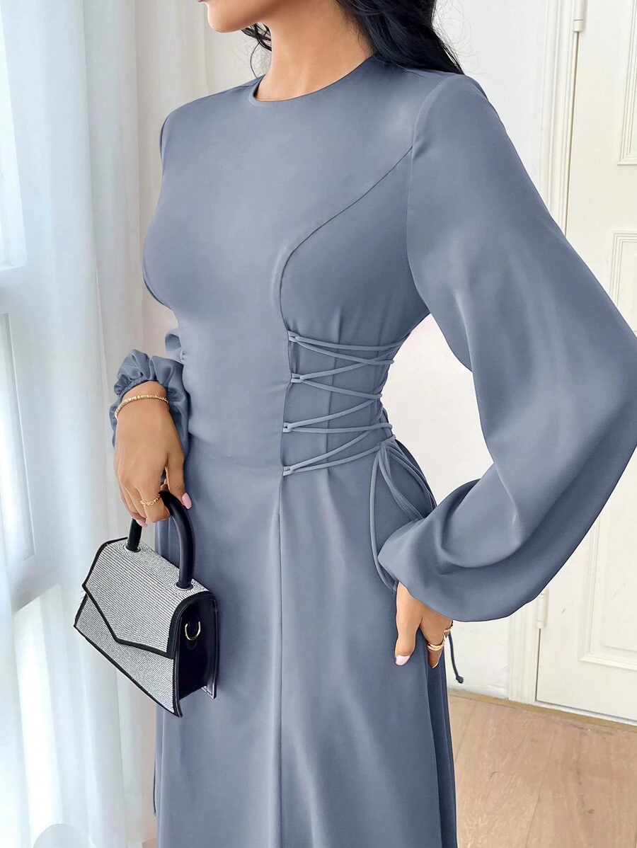 Modelyn 勃艮第红色女士纯色简约日常长袖连衣裙派对优雅晚会长袖长裙长款晚礼服 - 藍色 - 查看 1