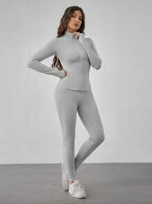 SHEIN Tall Conjunto Esportivo Preto de Duas Peças, Jaqueta com Zíper e Leggings - Cinza Claro - Visão 6