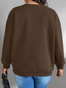SHEIN Unity Plus Size Women 3D Floral Decor Crew Neck Casual Sweatshirt, Autumn Pullover Fall - Coffee Brown - View 2