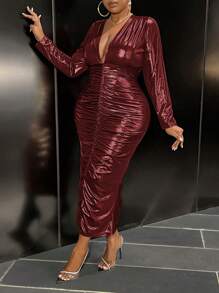 Slaydiva 大码优雅宴会礼服，深 V 领，长袖，收腰，褶皱纯色，适合秋冬季 - 酒紅色 - 查看 3