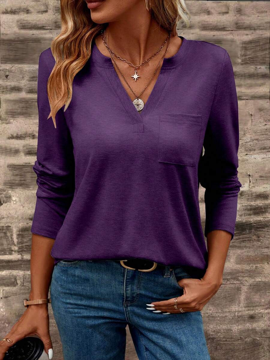 EMERY ROSE 休闲纯色缺口领长袖 T 恤，秋季 - 紫色 - 查看 1