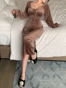 DAZY Ruched Tie Neck Fit Lounge Dress, Fall Pajama, Winter