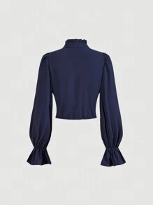 SHEIN MOD Áo sơ mi nữ tay dài buộc nơ phía trước đơn giản - Màu xanh hải quân - Xem 2