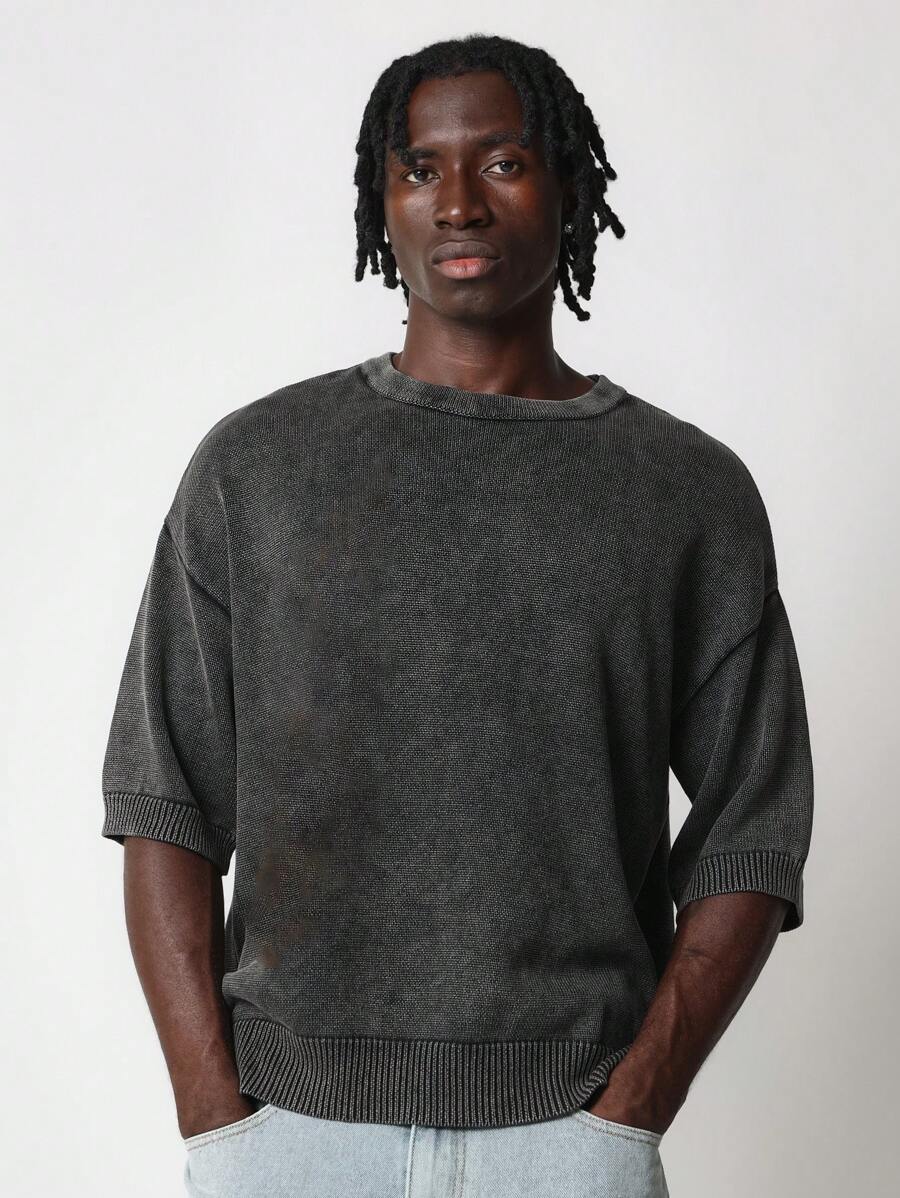 SUMWON Washed Short Sleeve Knit Shirt - Dark Grey - View 1