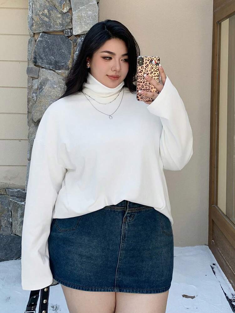 Dazy Plus Plus Size High Neck Loose Solid Color Base Tee, White, Spring/Summer/Autumn Long Sleeve Women Tops,Fall Women Clothes