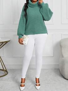 SHEIN Lady Autumn And Winter Elegant Work Green Worsted High Neck Raglan Sleeve Long Sleeve Plus Size Sweaters - Mint Green - View 3