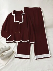 SHEIN LUNE 大码女式 2 件套：纯色针织撞色开衫和松紧腰阔腿裤，秋冬季休闲装，适合万圣节、新年、情人节、感恩节、圣诞节、复活节、生日派对、新年前夜 - 紅白色 - 查看 1