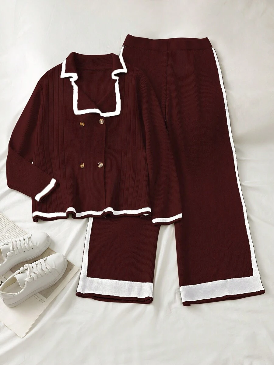 SHEIN LUNE 大码女式 2 件套：纯色针织撞色开衫和松紧腰阔腿裤，秋冬季休闲装，适合万圣节、新年、情人节、感恩节、圣诞节、复活节、生日派对、新年前夜 - 紅白色 - 查看 1