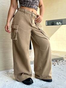 SHEIN ICON Plus Size Streetwear Utility Loose Leg Jeans, Khaki