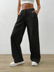 SHEIN EZwear Summer Black Drawstring Waist Slant Pocket Pants Dress Pants