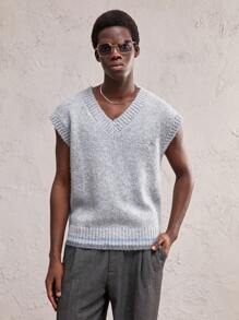 AKNOTIC Business Casual Men's Grey Knitted Striped Patchwork Loose Fit V-Neck Sleeveless Tank Top, Suitable For Daily Wear, With Letter Embroidery, For Fall Winter - Grey - View 1