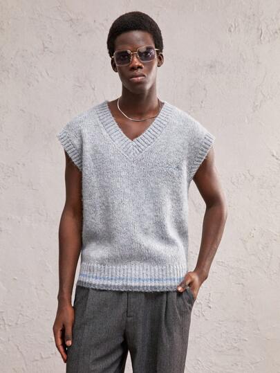 AKNOTIC Business Casual 男士灰色针织条纹拼接宽松V领无袖背心，适合日常穿着，带字母刺绣，适合秋冬