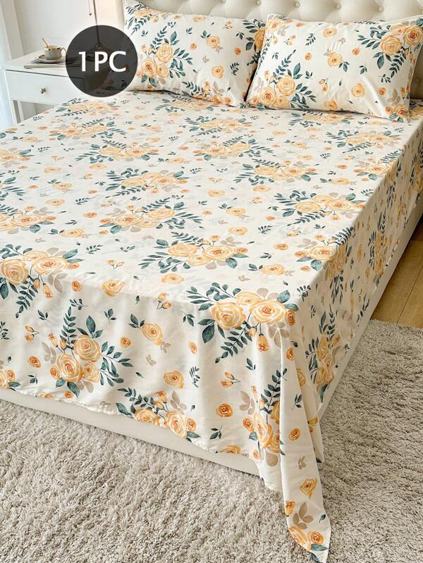 1pc Flowers Pattern Flat Sheet, Lightweight & Breathable, Soft & Skin-Friendly