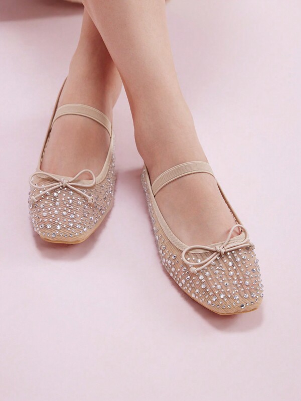 CUCCOO DOLLMOD Rhinestoned Net Mesh Mary Jane Flats For Women, Almond-Colored, Fashionable And Sweet For School/Students Spring Shoes Spring Break Easter