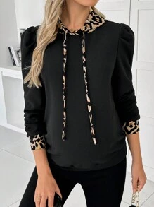 SHEIN Solid Color Block Leopard Print Drawstring Hooded Maternity Long Sleeve Sweatshirt, Minimalist And Comfortable, For Winter - Black - View 2