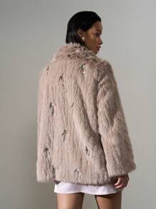 AiiRZ Luxury Faux Fur Winter Coat With Crystal Embellishments Glamorous Evening Occasion Party Long Sleeve Plush Statement Outerwear Fall Holiday Gift - Camel - View 2
