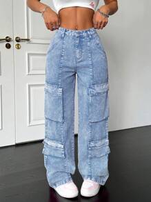 SHEIN PETITE Jeans anchos y amplios de algodón para mujer, con diseño sexy, pantalones cargo para mujer, pantalones color rosa intenso, pantalones para homecoming, jeans anchos, jeans anchos para mujer, jeans de tiro bajo