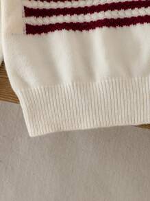 SHEIN 新生女婴美国国旗图案针织毛衣，女婴圆领长袖条纹套头衫，柔软温暖，适合家人和姐妹 - 白色 - 查看 5