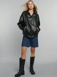 Easelle Casual And Stylish Zippered Off-Shoulder PU Leather Jacket - Black - View 4