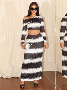 Zolique Set de 2 piezas de look elegante y sexy de ajuste ceñido con estampado digital de manga larga para damas