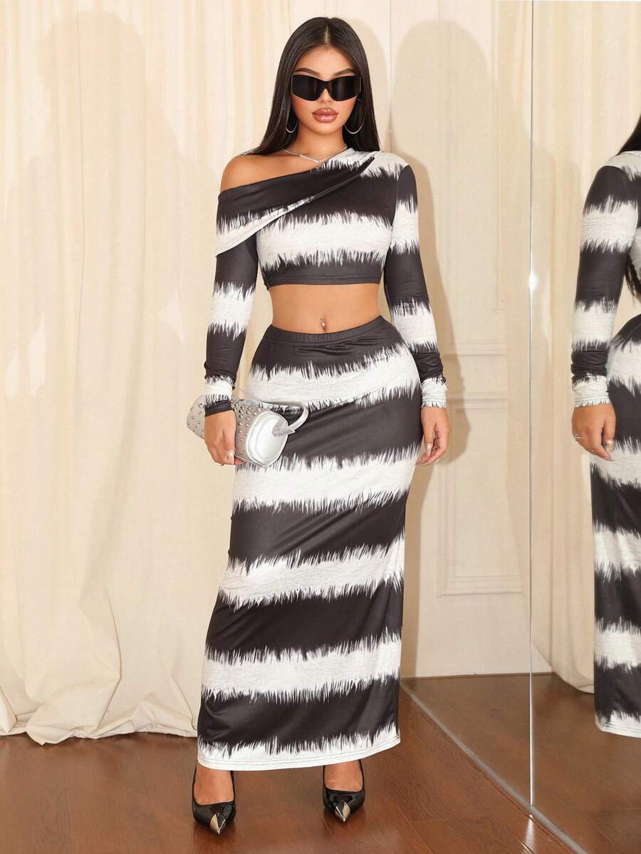 Zolique Set de 2 piezas de look elegante y sexy de ajuste ceñido con estampado digital de manga larga para damas